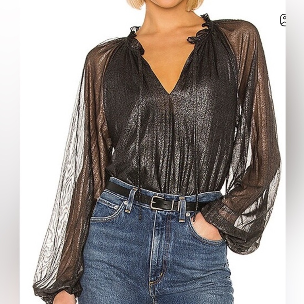 Sanctuary metallic silver black peasant blouse XS
